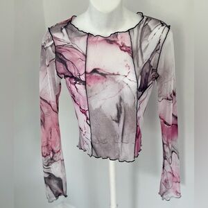 Shinestar Pink Purple Marbled Design Mesh Sheer Top